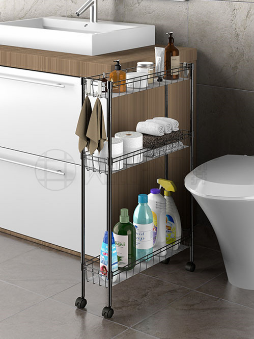 金屬多層可移動夾縫收納置物架 黑色網籃小推車（2）