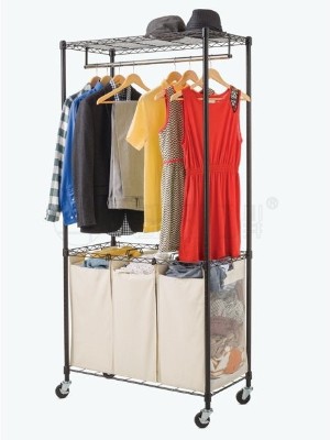 可調節黑色噴粉衣櫥衣架帶臟衣籃