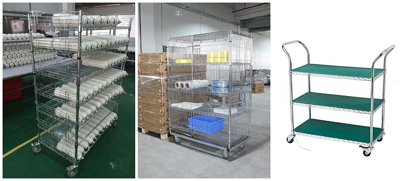 鍍鉻金屬置物層架 線網工廠貨架 車間圍網車網車 網格防靜電手推車小車 可移動-川井