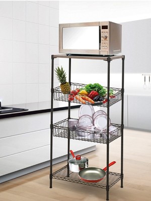 四層鋼木網籃落地置物架