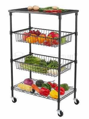 廚房蔬菜水果拉籃收納架 碳鋼木質(zhì)儲物小車