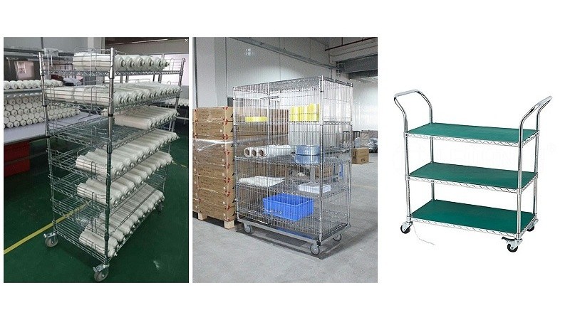 鍍鉻金屬置物層架 線網工廠貨架 車間圍網車網車 網格防靜電手推車小車 可移動