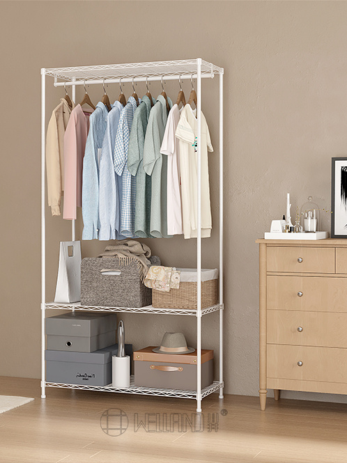 白色三層單桿簡易衣櫥架 白色三層單桿簡易衣櫥架