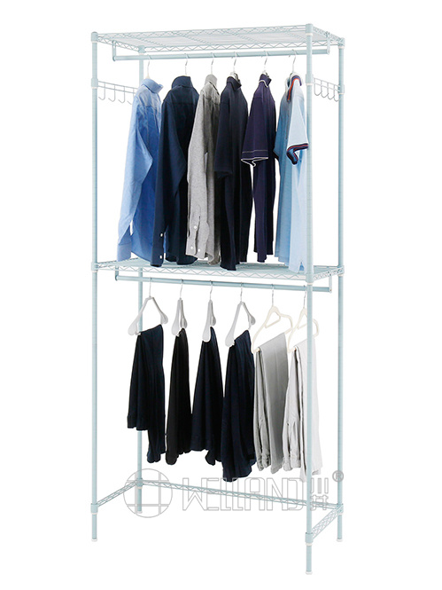 【免安裝大容量】藍色簡易衣櫥 碳鋼雙層掛衣架 - 雙掛鉤設計 臥室宿舍布衣柜 (5)