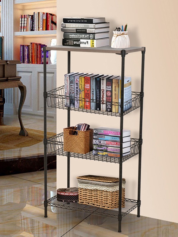 四層鋼木網籃落地置物架 四層鋼木網籃落地置物架