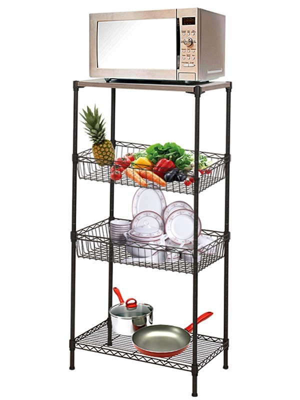 四層鋼木網籃落地置物架 四層鋼木網籃落地置物架