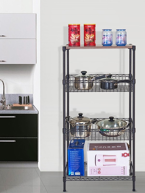 四層鋼木網籃落地置物架 四層鋼木網籃落地置物架