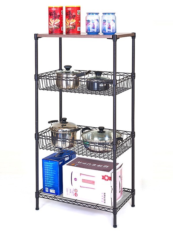 四層鋼木網籃落地置物架 四層鋼木網籃落地置物架