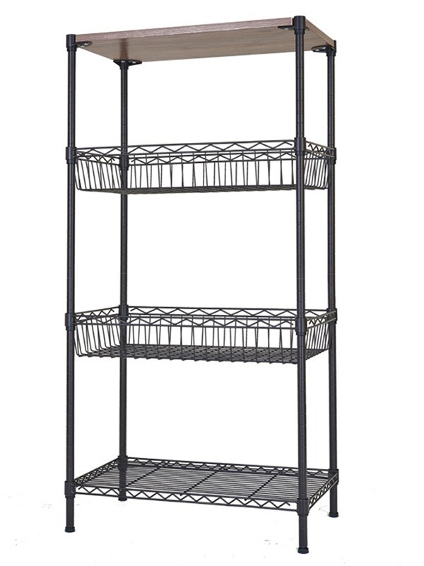四層鋼木網籃落地置物架 四層鋼木網籃落地置物架