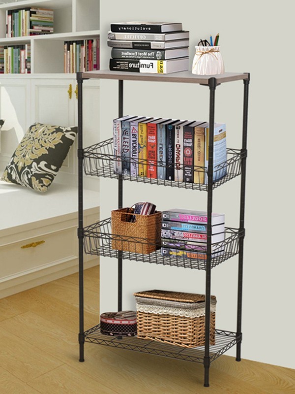 四層鋼木網籃落地置物架 四層鋼木網籃落地置物架
